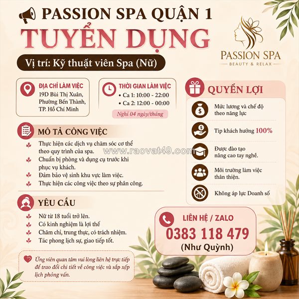 [ko cần kn] kỹ thuật viên spa quận 1