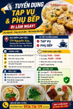 [làm ngay, bao cơm] tạp vụ, phụ bếp chay tân phú
