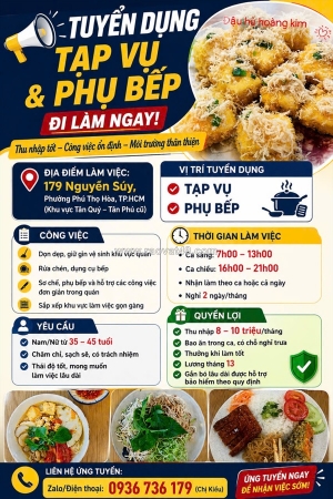 [làm ngay, bao cơm] tạp vụ, phụ bếp chay tân phú