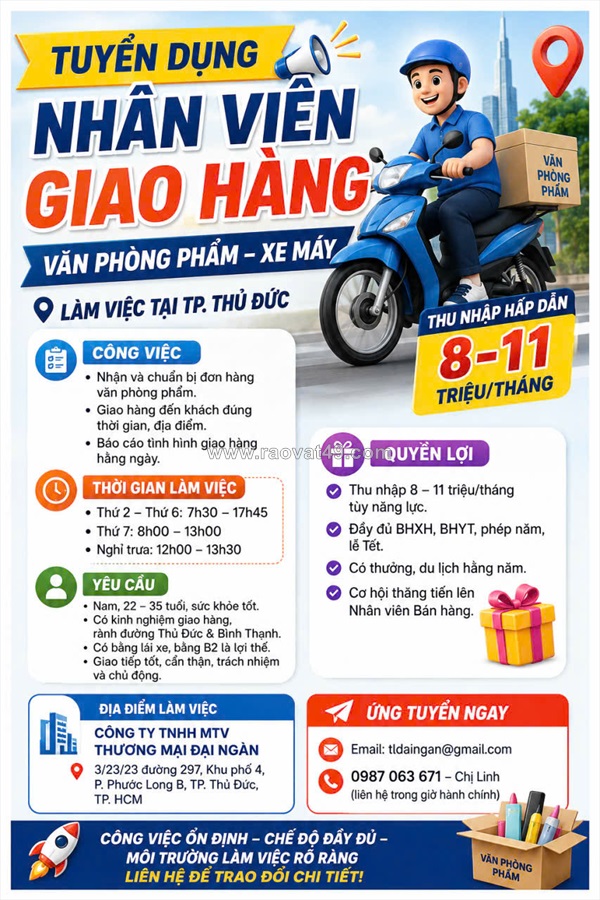 [làm ngay, có thưởng] nhân viên giao hàng thủ đức