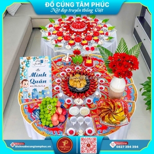 Mâm cúng tone đỏ cho bé trai – gửi gắm trọn vẹn may mắn & phúc lành