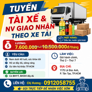 Npp phạm anh tuyển tài xế & nv giao nhận tp.hcm
