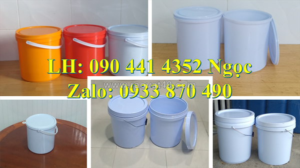 Thùng nhựa 5 lít đựng xi măng, thùng sơn 10 lít tròn màu xanh lá, dương, đỏ, cam, vàng….
