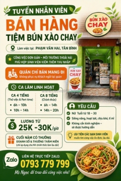 Tiệm bún xào chay tuyển nv bán hàng tân bình