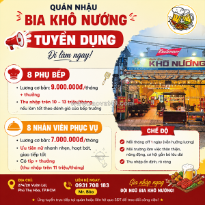 Tuyển 16 phụ bếp, phục vụ tân phú