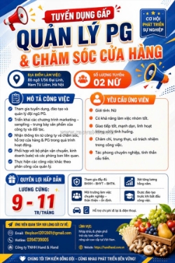 Tuyển dụng gấp – quản lý pg & chăm sóc cửa hàng