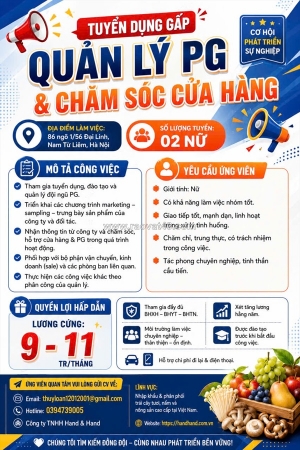 Tuyển dụng gấp – quản lý pg & chăm sóc cửa hàng