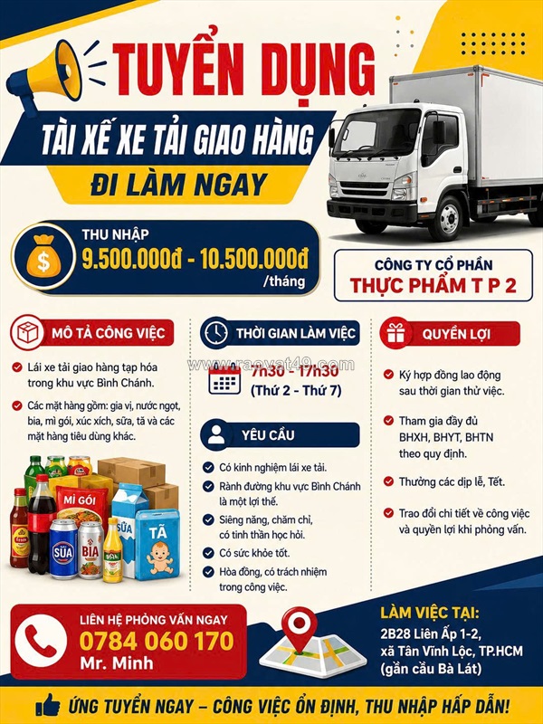 Tuyển lái xe tải giao hàng tạp hóa trong khu vực bình chánh
