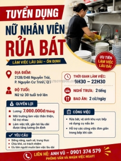 Tuyển nhân viên rửa bát quận 1 [bao ăn, làm ngay]