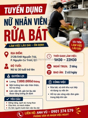 Tuyển nhân viên rửa bát quận 1 [bao ăn, làm ngay]