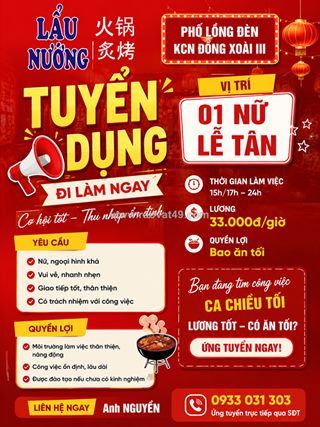 Tuyển nữ lễ tân đồng xoài [ko cần kn, bao ăn tối]