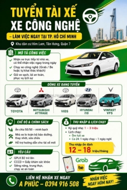 Tuyển tài xế xe công nghệ – làm việc ngay tại tp. hồ chí minh