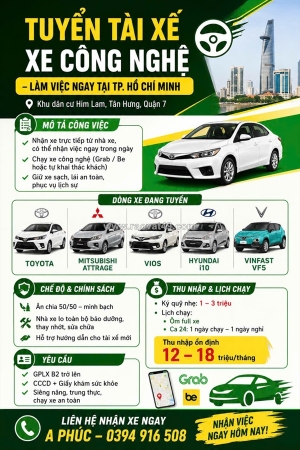 Tuyển tài xế xe công nghệ – làm việc ngay tại tp. hồ chí minh