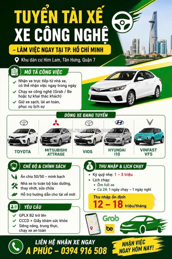 Tuyển tài xế xe công nghệ – làm việc ngay tại tp. hồ chí minh