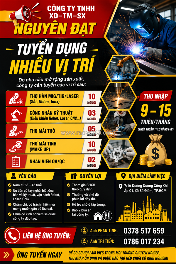 Tuyển thợ hàn/công nhân kỹ thuật tp.hcm