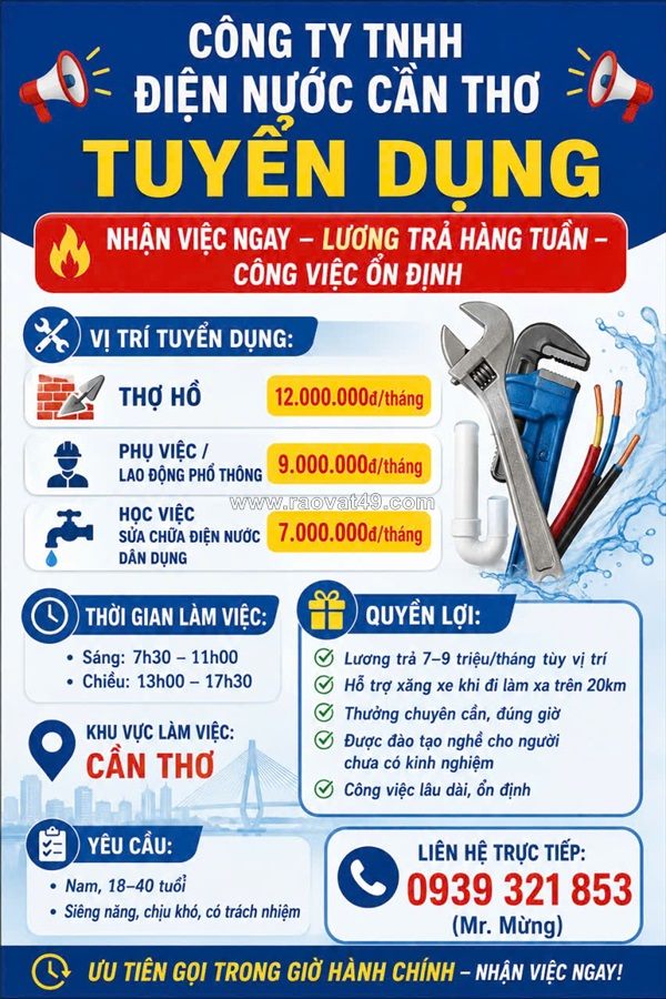 Tuyển thợ hồ, lđpt, học việc điện nước cần thơ