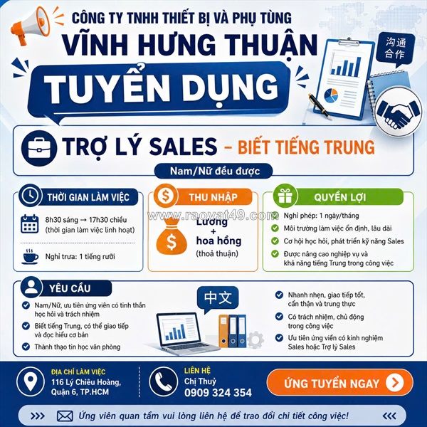 Tuyển trợ lý sales quận 6 (biết tiếng trung)