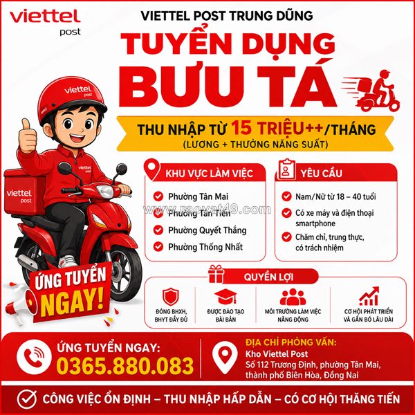 Viettel post trung dũng tuyển dụng bưu tá