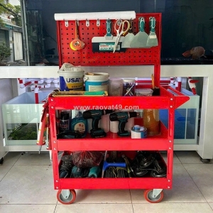 Xe đẩy 3 ngăn + bảng treo dụng cụ