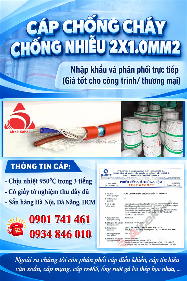 Cáp báo cháy 2x1.0 chống cháy chống nhiễu altek kabel sẵn hồ chí minh