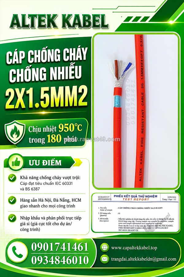 Cáp chống cháy chống nhiễu 2x1.5 altek kabel sẵn hcm, đồng nai, bình dương
