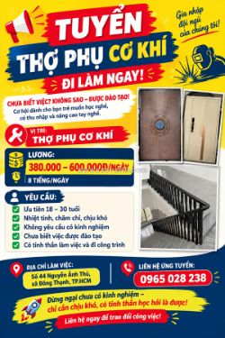 [ko cần kn, làm ngay] thợ phụ cơ khí tp.hcm