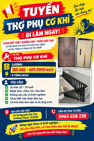 [ko cần kn, làm ngay] thợ phụ cơ khí tp.hcm