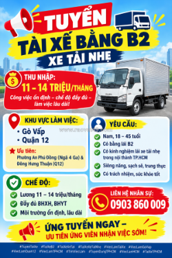 [làm ngay, bao ăn ở] tài xế b2 tp.hcm