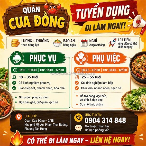[làm ngay, bao ăn] phục vụ, phụ việc tân hưng