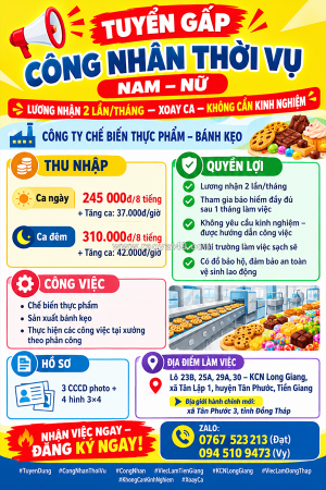 [làm ngay, ko cần kn] công nhân thời vụ tiền giang