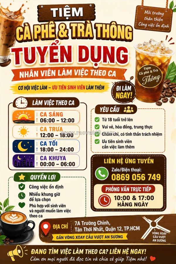 [làm ngay, ko cần kn] nhân viên phục vụ q12