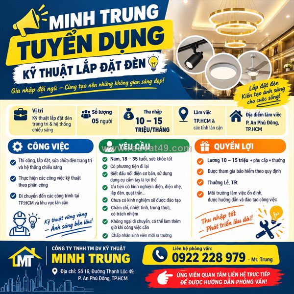 Minh trung tuyển dụng – kỹ thuật lắp đặt đèn