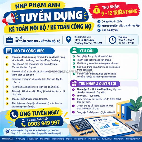 Npp phạm anh tuyển kế toán nội bộ/công nợ