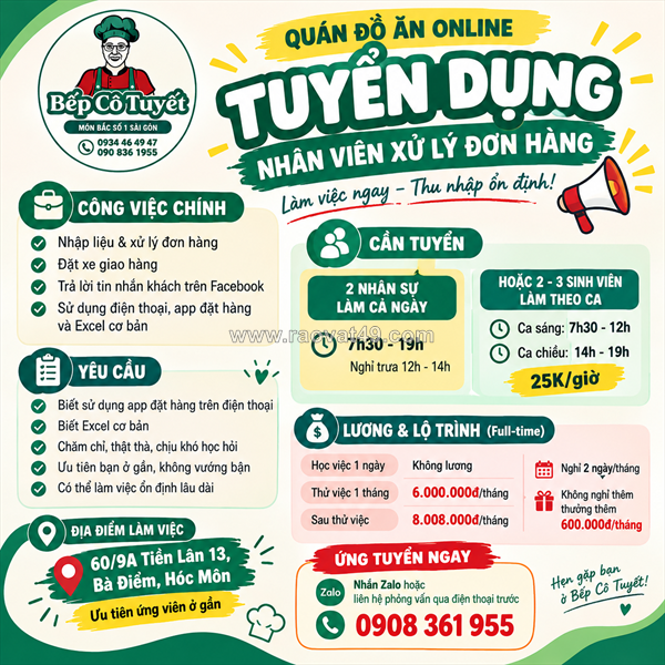 Quán đồ ăn online bếp cô tuyết tuyển nhân sự
