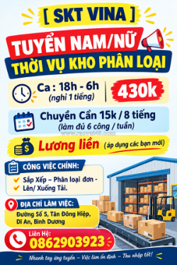 [skt vina] - tuyển nam/nữ thời vụ kho phân loại dĩ an