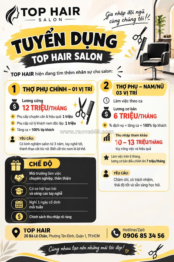Top hair salon tuyển thợ chính, phụ tóc q1