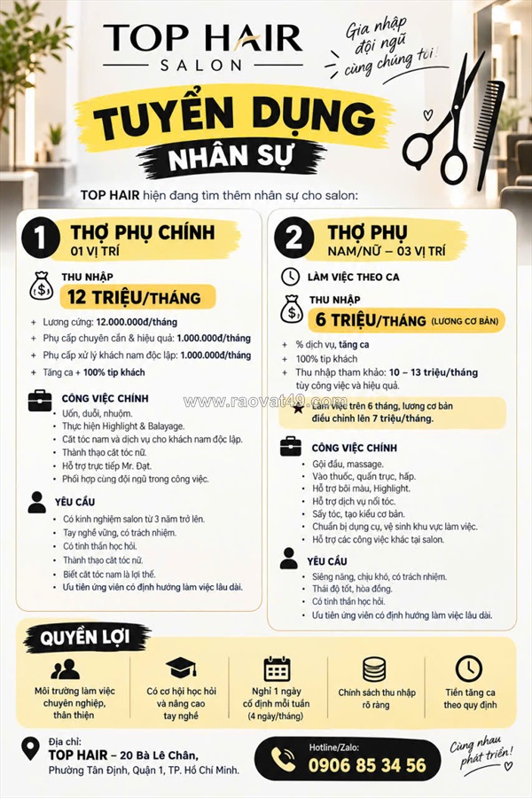 Top hair salon tuyển thợ chính, phụ tóc q1