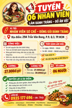 Tuyển 06 nv sơ chế đóng gói bánh tráng quận 3
