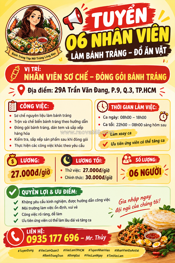 Tuyển 06 nv sơ chế đóng gói bánh tráng quận 3