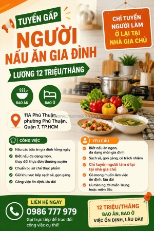 Tuyển 1 người nấu ăn gia đình q7 ở lại nhà gia chủ
