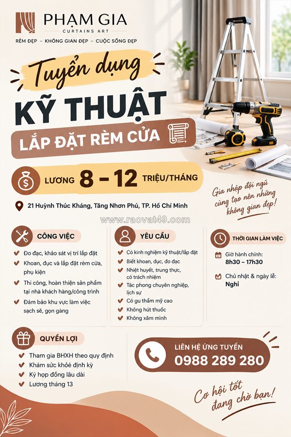 Tuyển kỹ thuật lắp đặt rèm cửa tp. hồ chí minh