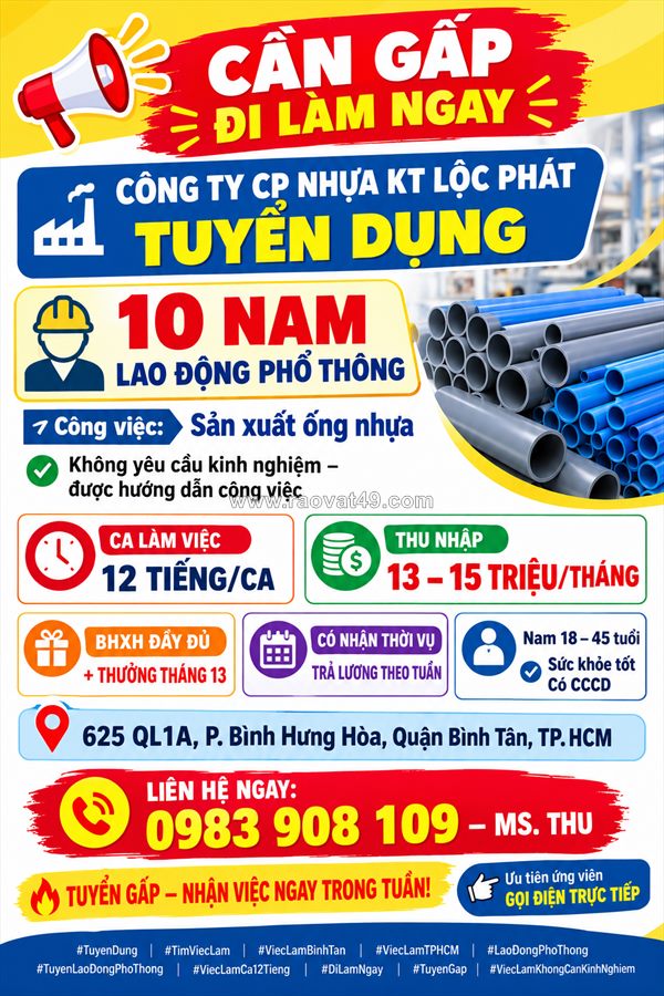 Tuyển lao động phổ thông bình tân