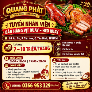 Tuyển nhân viên bán hàng vịt quay - heo quay