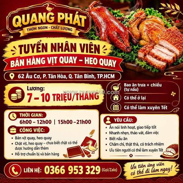 Tuyển nhân viên bán hàng vịt quay - heo quay