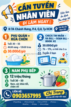 Tuyển nhân viên phụ quán rửa chén nam phụ bếp