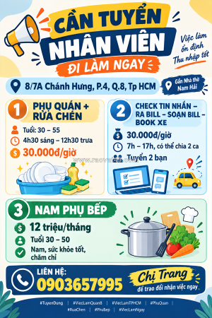 Tuyển nhân viên phụ quán rửa chén nam phụ bếp