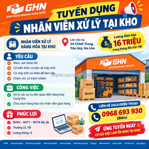 Tuyển nhân viên xử lý hàng hóa tại kho gia lâm
