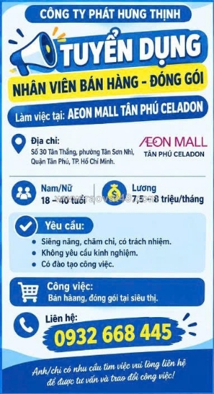 Tuyển nhv bán hàng – đóng gói aeon mall tân phú