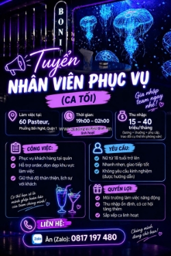 Tuyển nữ nhân viên phục vụ quận 1 (ca tối)
