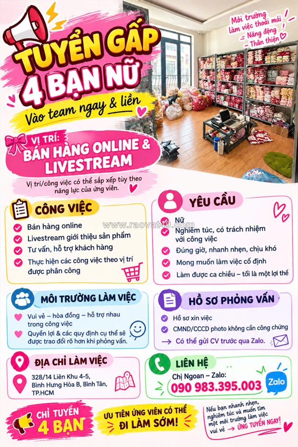 Tuyển nữ nv bán hàng online & livestream bình tân